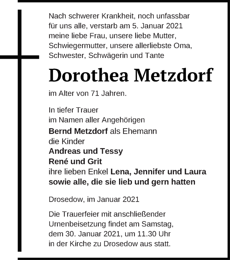  Traueranzeige für Dorothea Metzdorf vom 08.01.2021 aus Strelitzer Zeitung