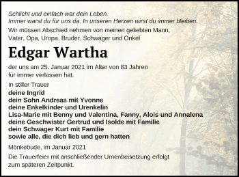 Traueranzeige von Edgar Wartha von Haff-Zeitung