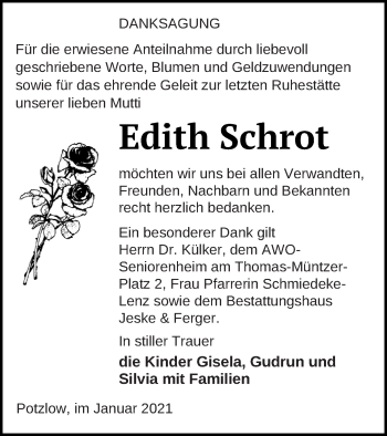 Traueranzeige von Edith Schrot von Prenzlauer Zeitung