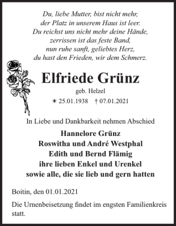 Traueranzeige von Elfriede Grünz von Bützower Zeitung