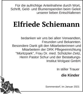 Traueranzeige von Elfriede Schiemann von Müritz-Zeitung