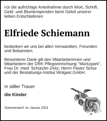 Traueranzeige von Elfriede Schiemann von Müritz-Zeitung