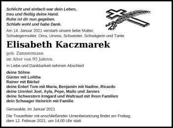 Traueranzeige von Elisabeth Kaczmarek von Templiner Zeitung