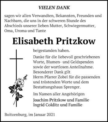 Traueranzeige von Elisabeth Pritzkow von Templiner Zeitung