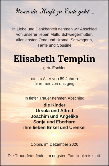 Traueranzeige von Elisabeth Templin von Neubrandenburger Zeitung