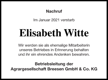 Traueranzeige von Elisabeth Witte von Treptower Tageblatt