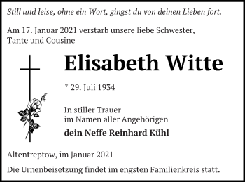 Traueranzeige von Elisabeth Witte von Neubrandenburger Zeitung