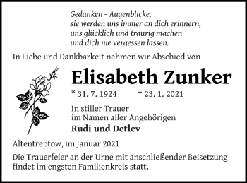 Traueranzeige von Elisabeth Zunker von Neubrandenburger Zeitung