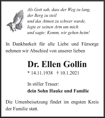 Traueranzeige von Ellen Gollin von Müritz-Zeitung