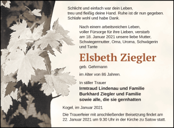 Traueranzeige von Elsbeth Ziegler von Müritz-Zeitung