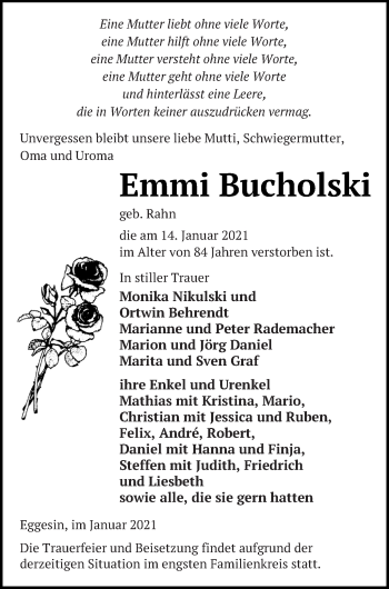Traueranzeige von Emmi Bucholski von Haff-Zeitung