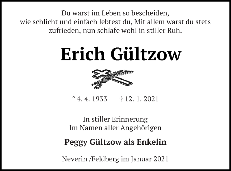  Traueranzeige für Erich Gültzow vom 22.01.2021 aus Neubrandenburger Zeitung