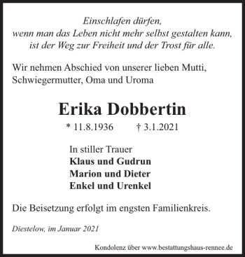 Traueranzeige von Erika Dobbertin von Zeitung für Lübz - Goldberg - Plau