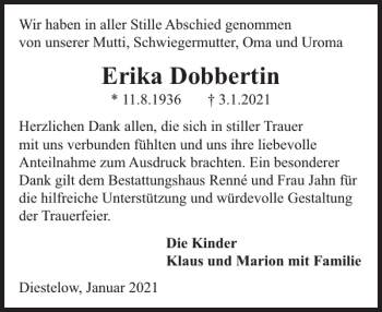 Traueranzeige von Erika Dobbertin von Zeitung für Lübz - Goldberg - Plau