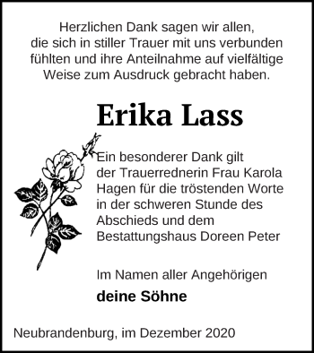 Traueranzeige von Erika Lass von Neubrandenburger Zeitung