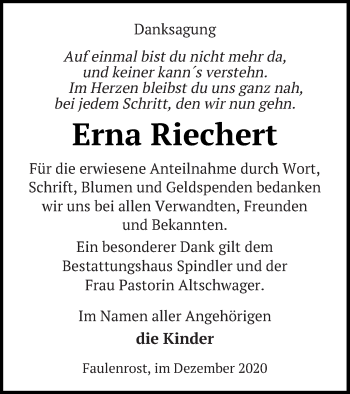 Traueranzeige von Erna Riechert von Mecklenburger Schweiz