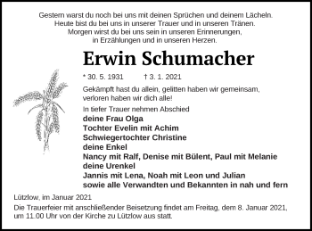 Traueranzeige von Erwin Schumacher von Prenzlauer Zeitung