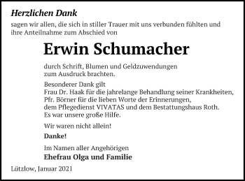 Traueranzeige von Erwin Schumacher von Prenzlauer Zeitung