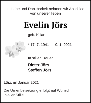 Traueranzeige von Evelin Jörs von Strelitzer Zeitung