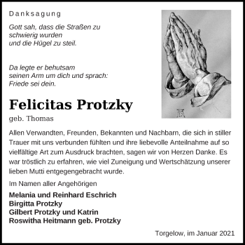 Traueranzeige von Felicitas Protzky von Haff-Zeitung