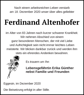 Traueranzeige von Ferdinand Altenhofer von Haff-Zeitung