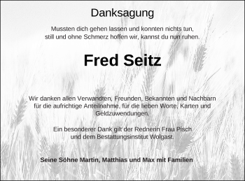 Traueranzeige von Fred Seitz von Müritz-Zeitung