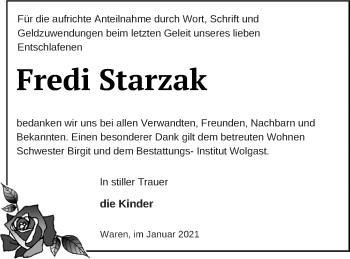 Traueranzeige von Fredi Starzak von Müritz-Zeitung