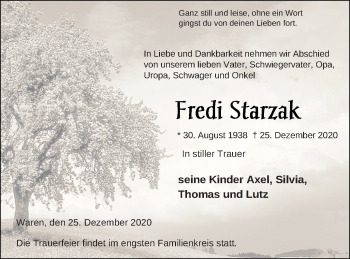 Traueranzeige von Fredi Starzak von Müritz-Zeitung