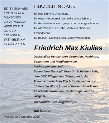 Traueranzeige von Friedrich Max Kiulies von Müritz-Zeitung