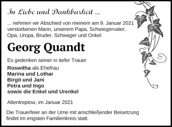 Traueranzeige von Georg Ouandt von Neubrandenburger Zeitung