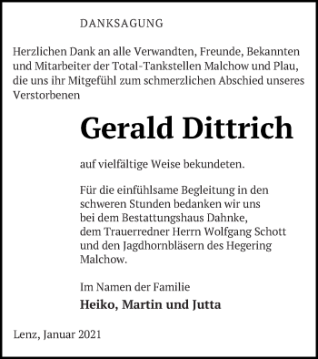 Traueranzeige von Gerald Dittrich von Müritz-Zeitung