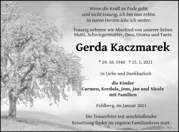 Traueranzeige von Gerda Kaczmarek von Strelitzer Zeitung