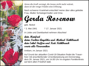 Traueranzeige von Gerda Rosenow von Vorpommern Kurier