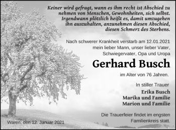 Traueranzeige von Gerhard Busch von Müritz-Zeitung