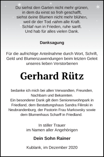 Traueranzeige von Gerhard Rütz von Neubrandenburger Zeitung