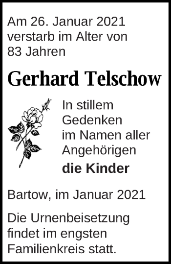 Traueranzeige von Gerhard Telschow von Neubrandenburger Zeitung