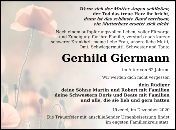 Traueranzeige von Gerhild Giermann von Demminer Zeitung