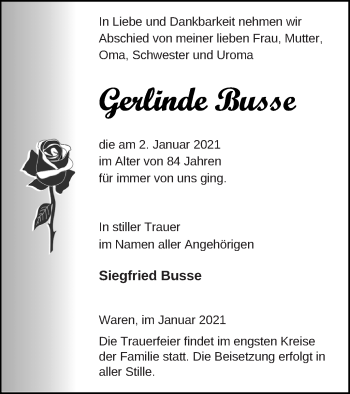 Traueranzeige von Gerlinde Busse von Müritz-Zeitung