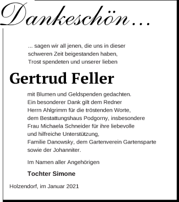 Traueranzeige von Gertrud Feller von Strelitzer Zeitung