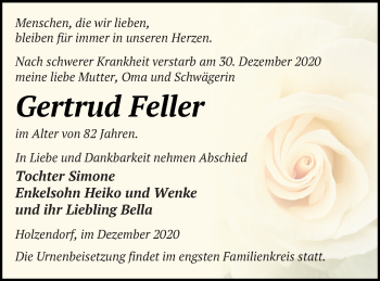 Traueranzeige von Gertrud Feller von Strelitzer Zeitung