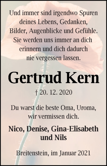 Traueranzeige von Gertrud Kern von Pasewalker Zeitung