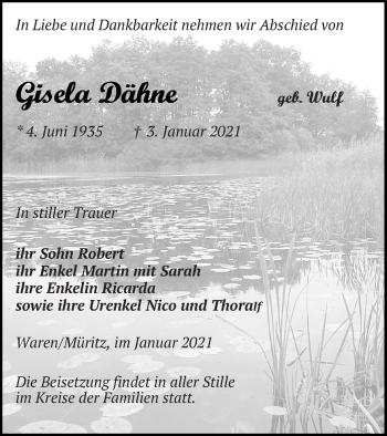 Traueranzeige von Gisela Dähne von Müritz-Zeitung