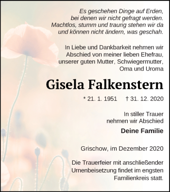 Traueranzeige von Gisela Falkenstern von Mecklenburger Schweiz