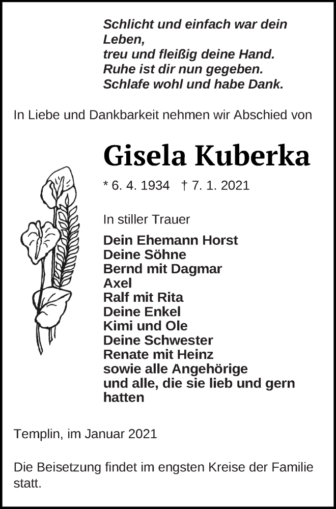  Traueranzeige für Gisela Kuberka vom 12.01.2021 aus Templiner Zeitung