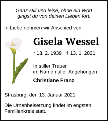 Traueranzeige von Gisela Wessel von Pasewalker Zeitung