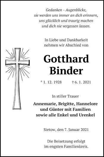 Traueranzeige von Gotthard Binder von Müritz-Zeitung