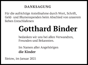 Traueranzeige von Gotthard Binder von Müritz-Zeitung