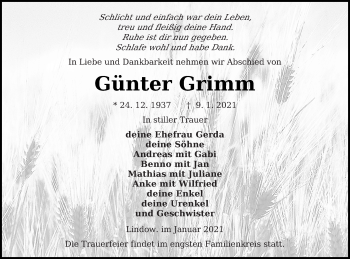 Traueranzeige von Günter Grimm von Neubrandenburger Zeitung