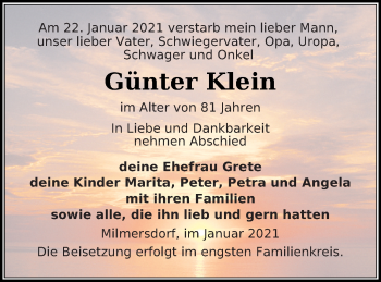 Traueranzeige von Günter Klein von Templiner Zeitung