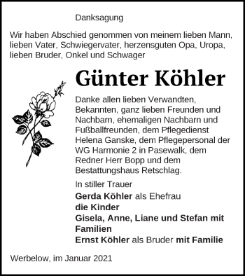 Traueranzeige von Günter Köhler von Pasewalker Zeitung